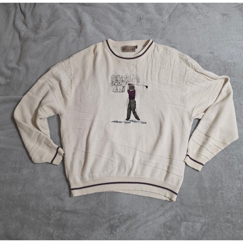 Shenandoah Mens XL Cream Knit Golfer Embroidered Sweater Vintage Grandpacore